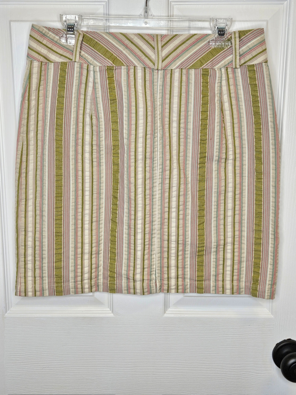 NWOT CAbi Striped Mini Skirt Olive Pink Cream Teal Women's Size 8 Cotton Casual - Picture 7 of 7